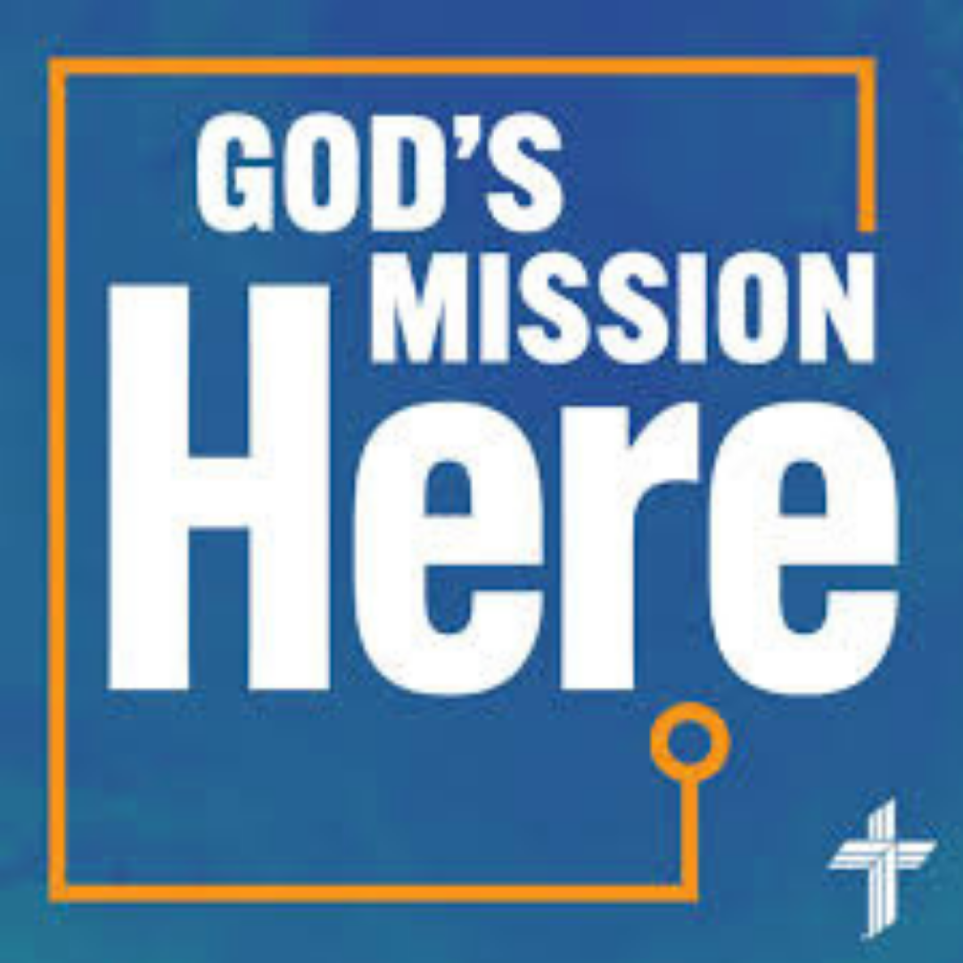 God's Mission Here podcast logo, featuring LCMS cross