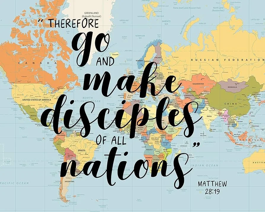 A world map with a Bible verse printed over it