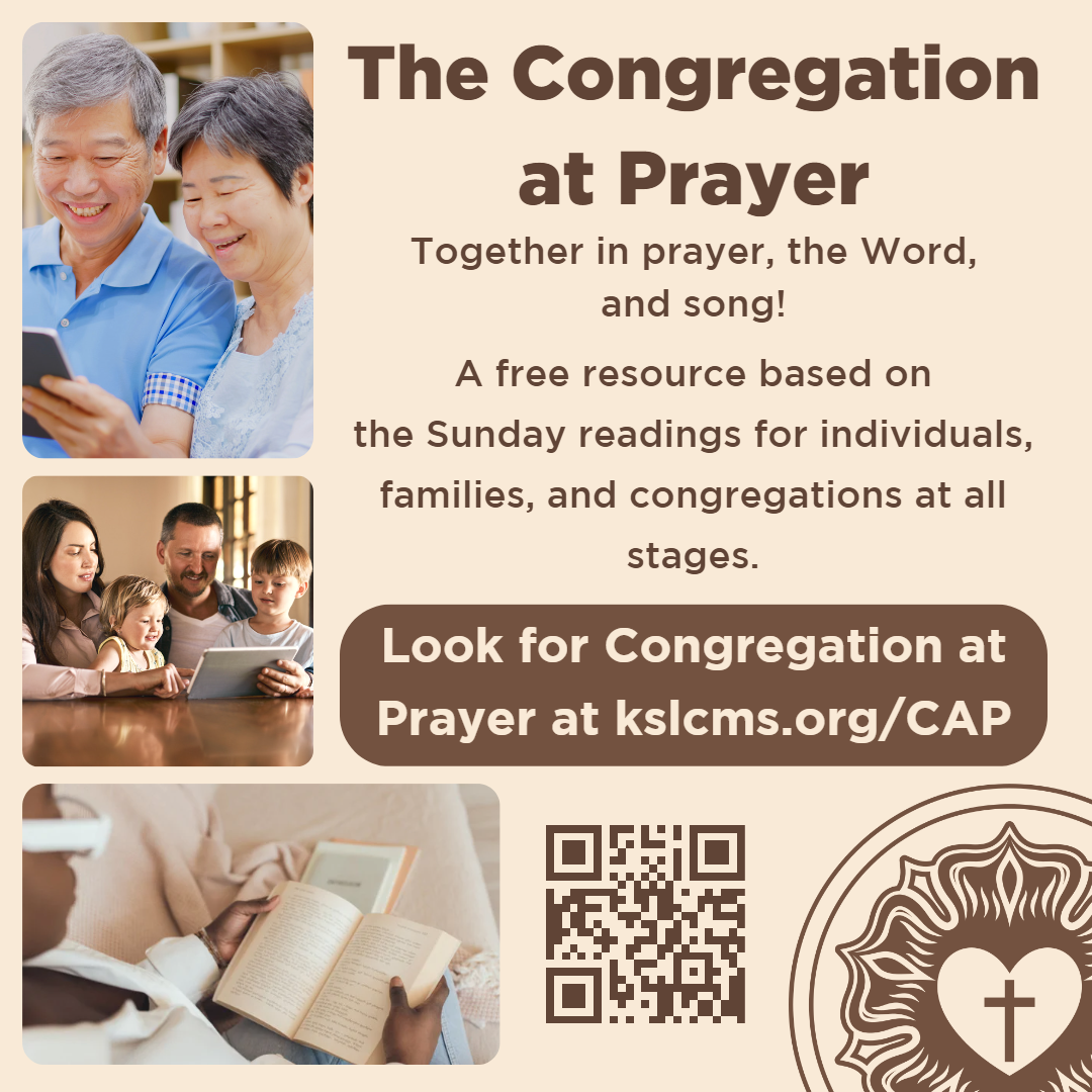 Photos of people reading the Bible, Luther's Rose, text about The Congregation at Prayer, and a QR code