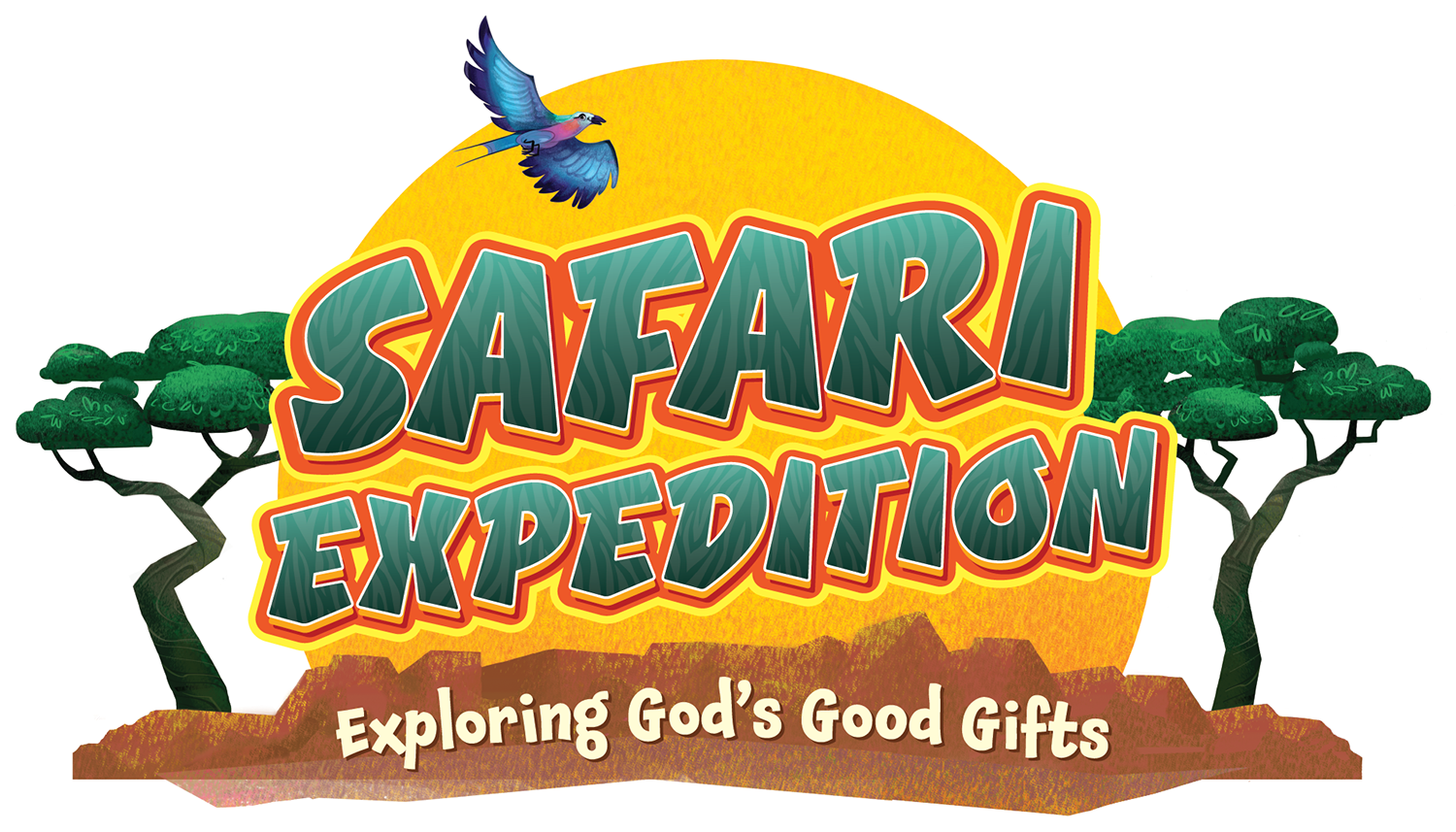 Safari Expedition VBS logo, featuring a large sun, two trees and a bird