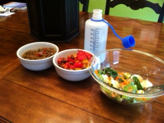 Left to right: lentils cooked with onions and bell pepper, spaghetti squash topped with cooked mushrooms and tomatoes, salad (romaine, spinach, alfalfa sprouts, cucumber, bell pepper, carrots, celery, pumpkin seeds, sunflower seeds