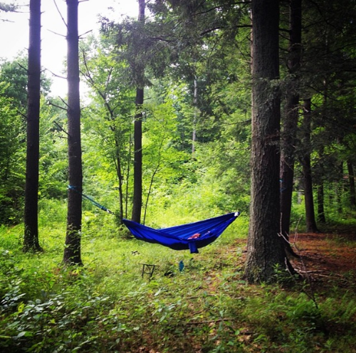 Relaxing in our new camping hammock upstate.