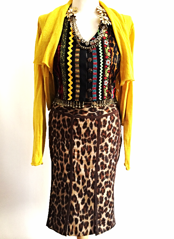 Gold Cotton Cardigan Vintage Todd Oldham Vest Tracy Reese Leopard Pencil Skirt Flowers & Chains Necklace