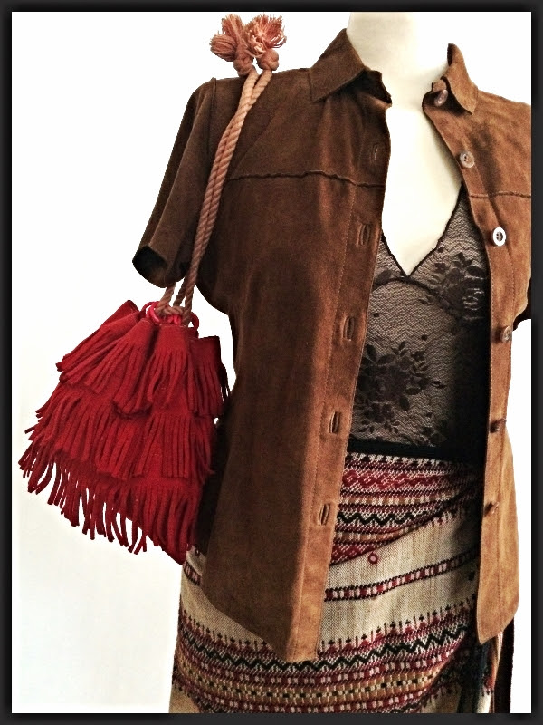 Vintage Suede Button Up Striped Blanket Wrap Skirt Vintage Felt Fringe Bag