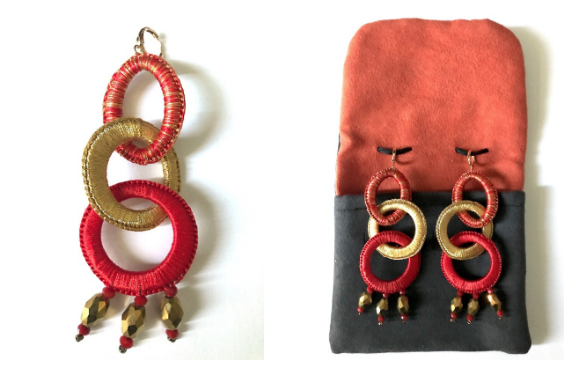 Red and Gold Osiris Earrings 95.00 Osiris earrings are created exclusively for HOUSE OF TERRANCE by Sylvie Boksenbaum, founder of boks & baum, and handcrafted in Mexico. Each piece is crocheted by hand. Exceptionally light and anti-allergy, these boks & baum earrings are made with cotton, lurex, and crystal. Each pair comes in an elegant suede pouch. boks & baum . Inspired by France, handcrafted in Mexico. Length - 4 inches Width - 1 1/4 inches