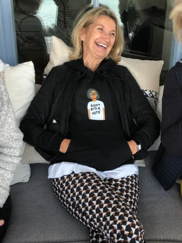 Michele Cassuto in her Patrick-Earl for H*O*T "Don't Bitch. Vote" sweatshirt - available for sale here .