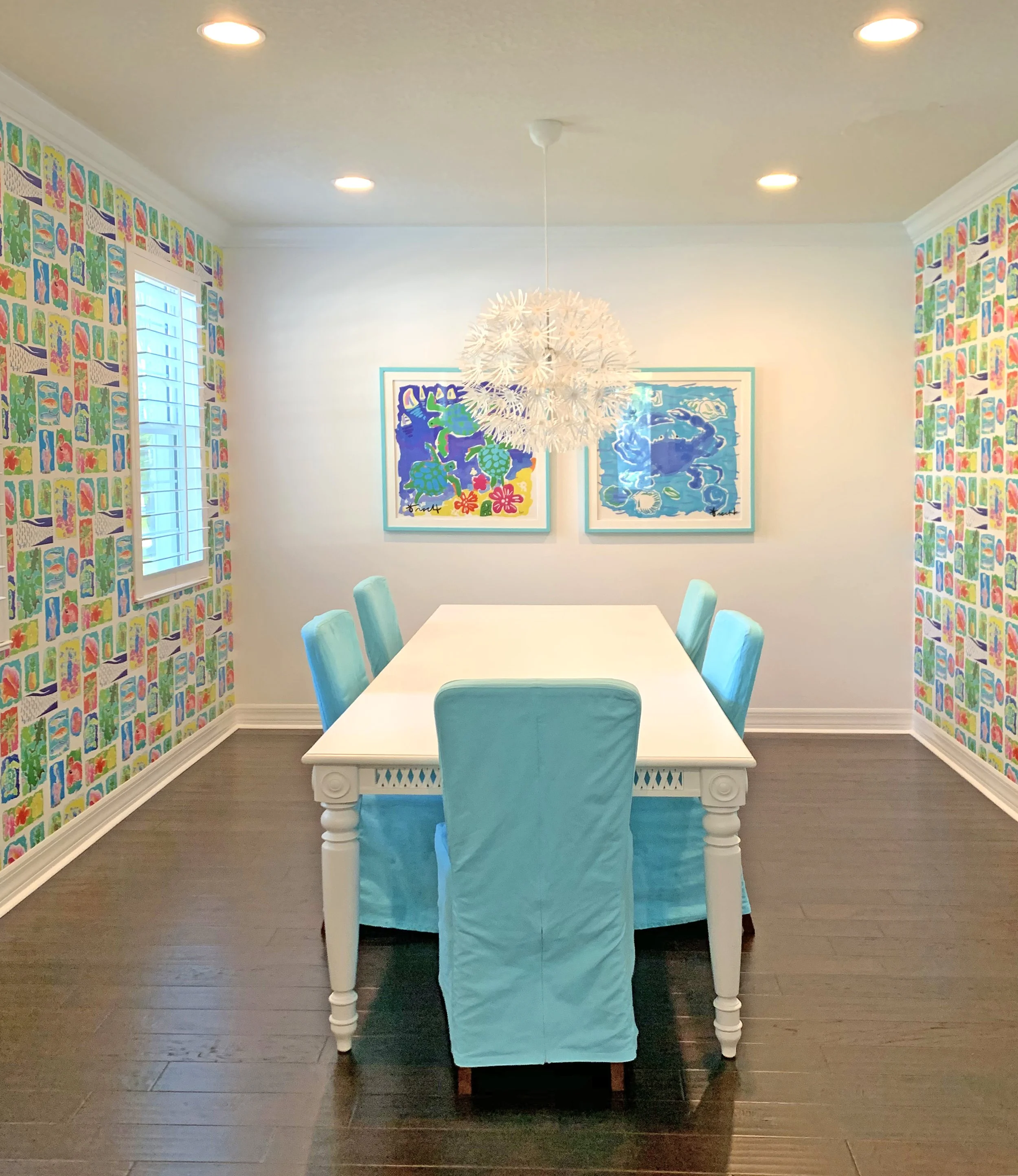 "Blue Lagoon Turtles" and "Blue Crab" 30"x30" Paper Prints, Custom Framed with Kelly Tracht Patchwork Wallpaper