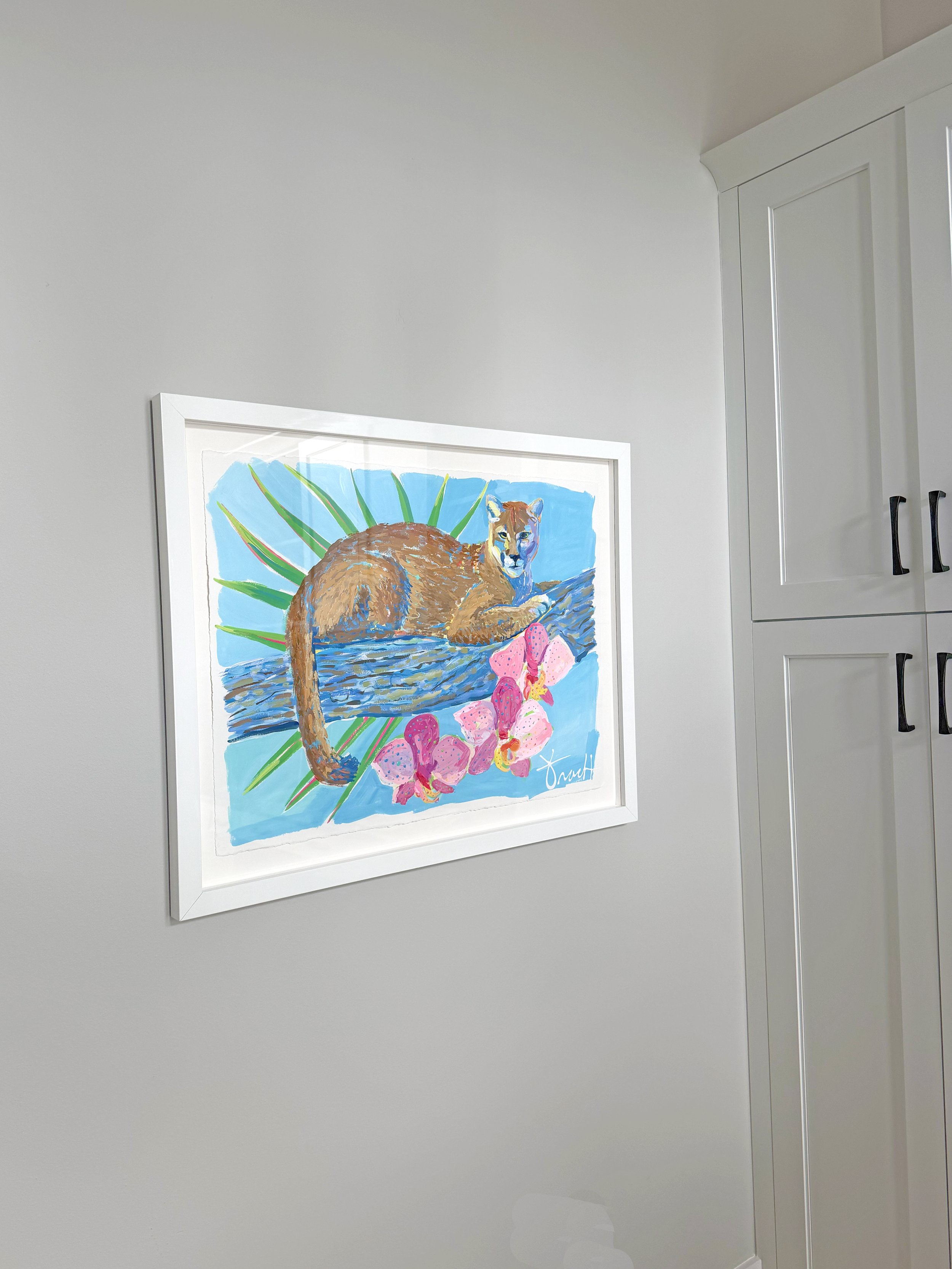 "Panther and Orchids" 29x36 ORIGINAL, Acrylic on Paper, Framed