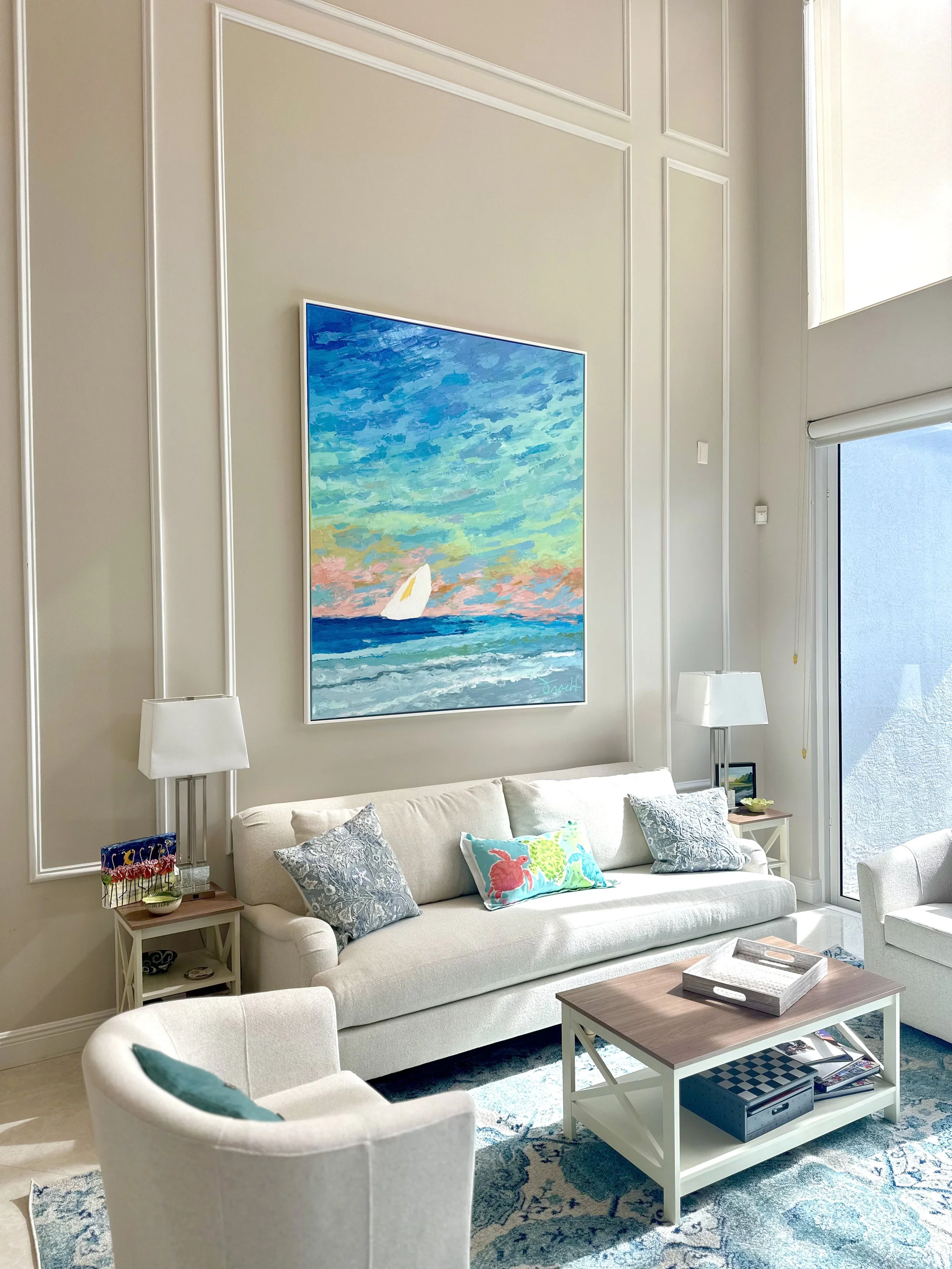 "Colorway Shores with Sailboat" Series 64"x76" ORIGINAL Acrylic on Canvas, Framed