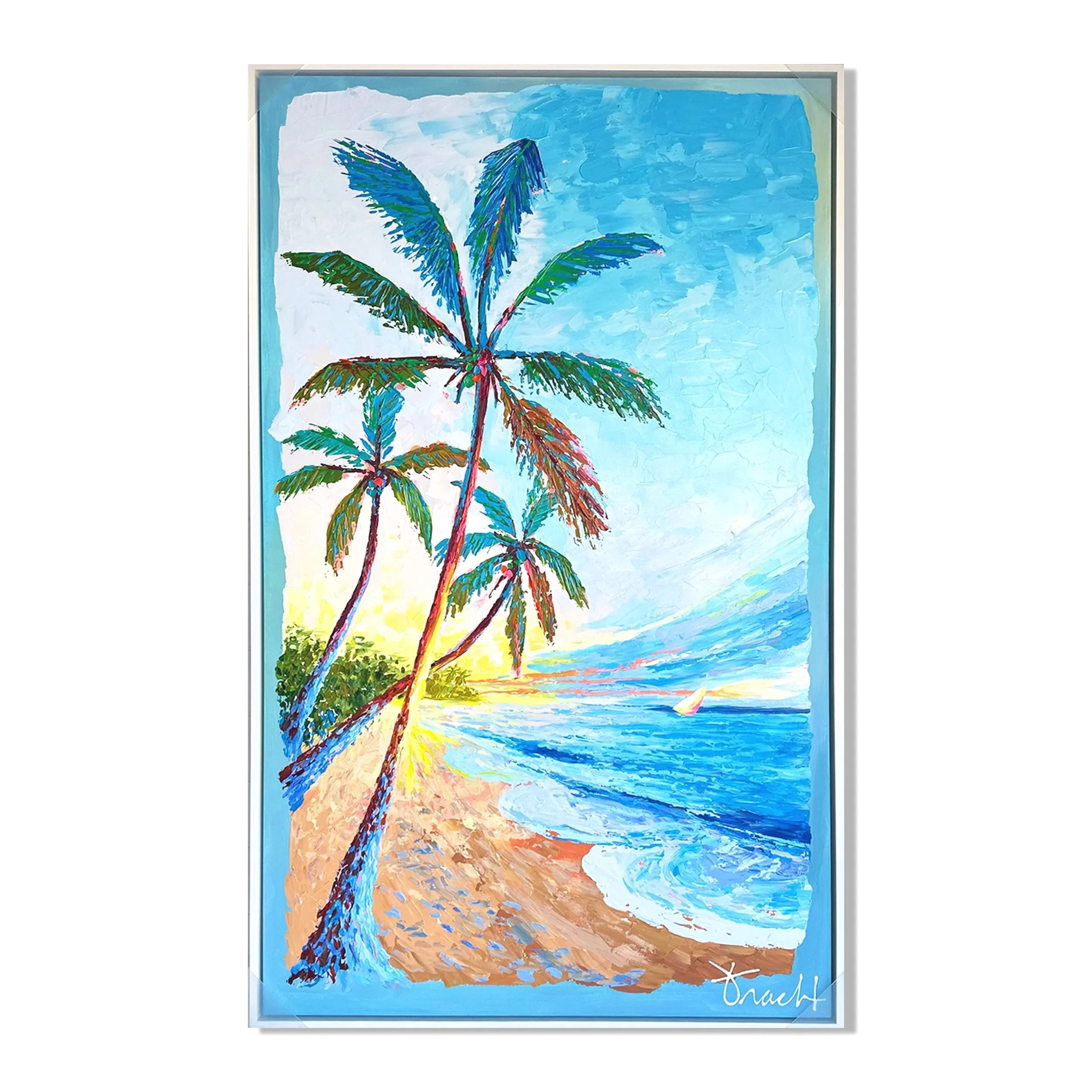 "Sunset Palms 4" 36x60 ORIGINAL Acrylic Painting on Canvas, Framed Wall Art