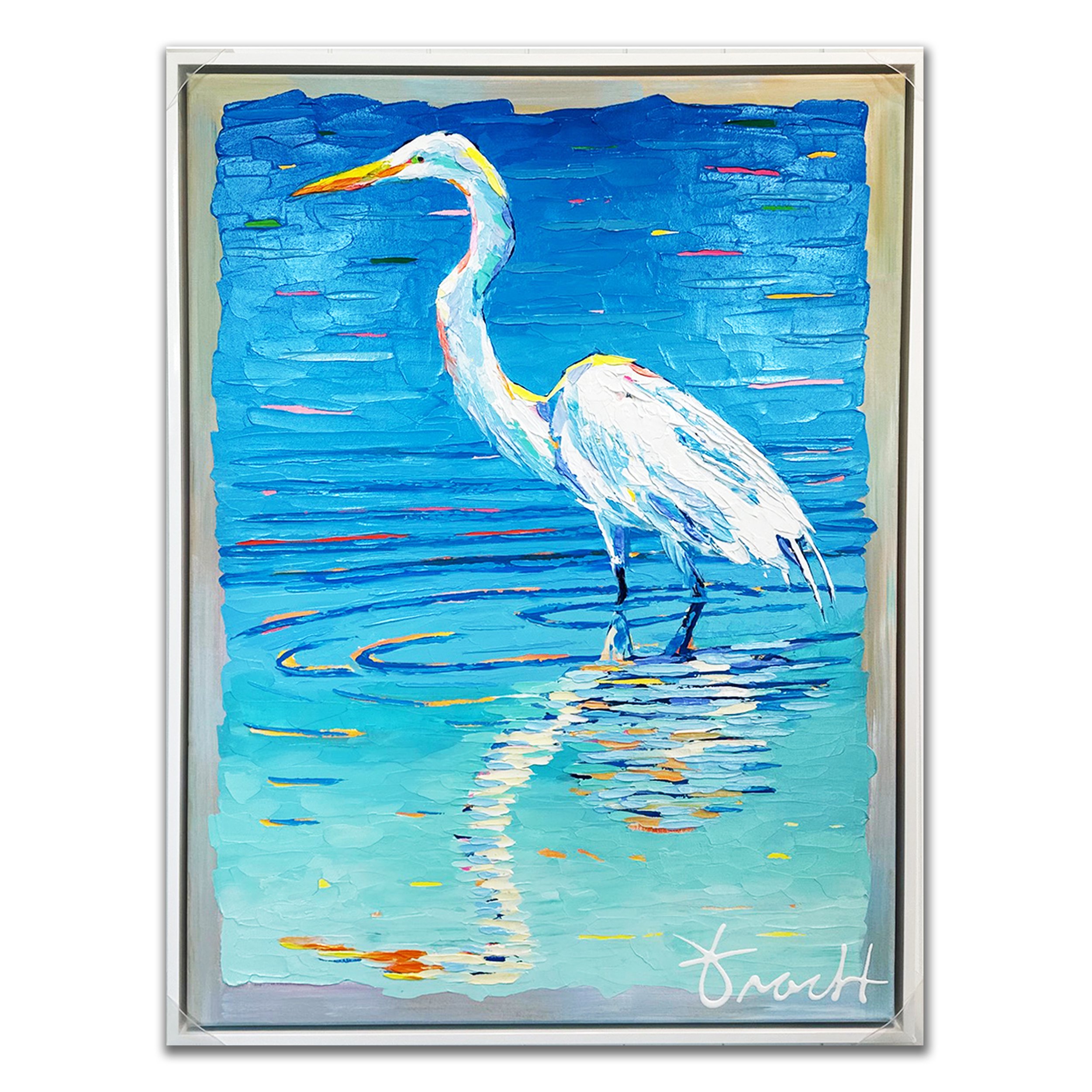 "White Heron Shores 30" Original Acrylic on Canvas w/ white custom floater frame