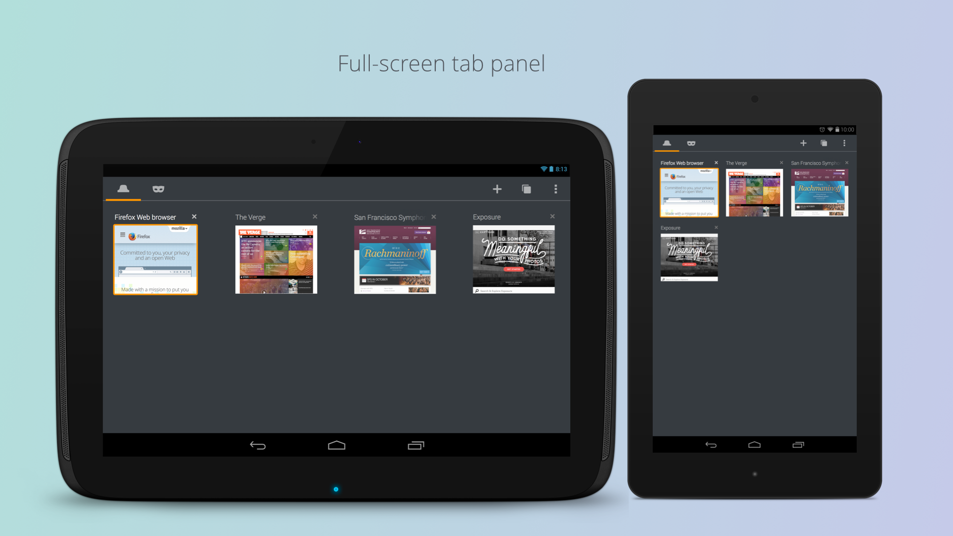 2. Big screen invites gestures and advanced features A full-screen tab panel gives a better visual representation of your normal and private browsing sessions. Taking advantage of the big space, the panel can also be a foundation for more advanced options, such as tab groups, gestural actions for tabs.