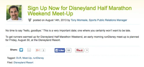 Screen shot of a meet-up announcement on Disney Parks Blog