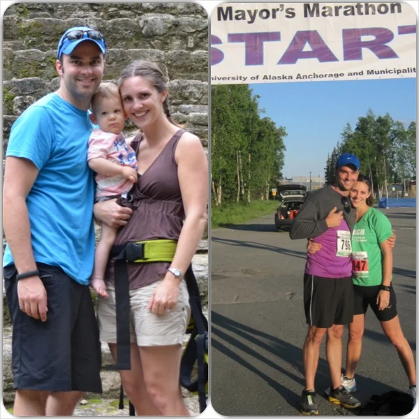 Moms In Training Coach Nickole Powe with her family (left), and with her husband at a Team In Training race he ran while she was the coach.
