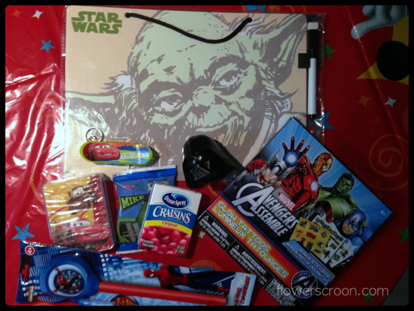 Some of the items in side the boys goodie bag