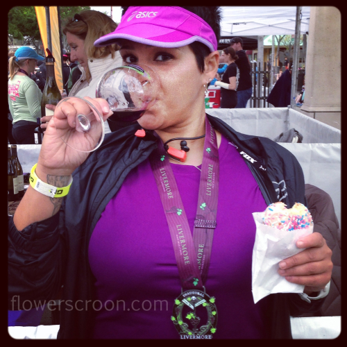 Wine glass, wine, doughnut, medal. Yup - I'm happy.