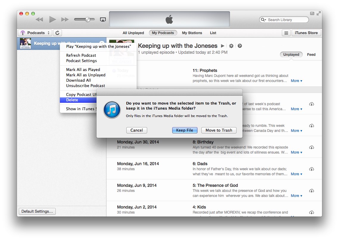 Step 5: You will be asked if you want to delete the old podcast episodes or not. It's entirely up to you, but if you move the files to the trash, you can always re-download the episodes after you subscribe in the next step.