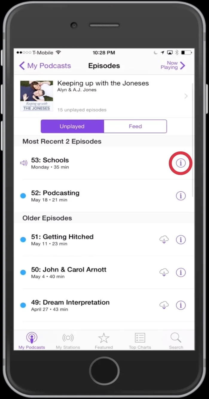 Tap the "i" button to see the show notes.