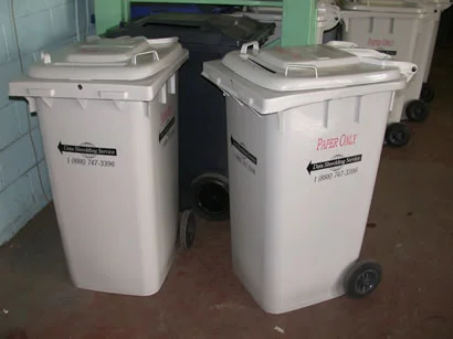 64 gallon size shredding bins. VIew of the top of a 64 gallon size shredding bin.