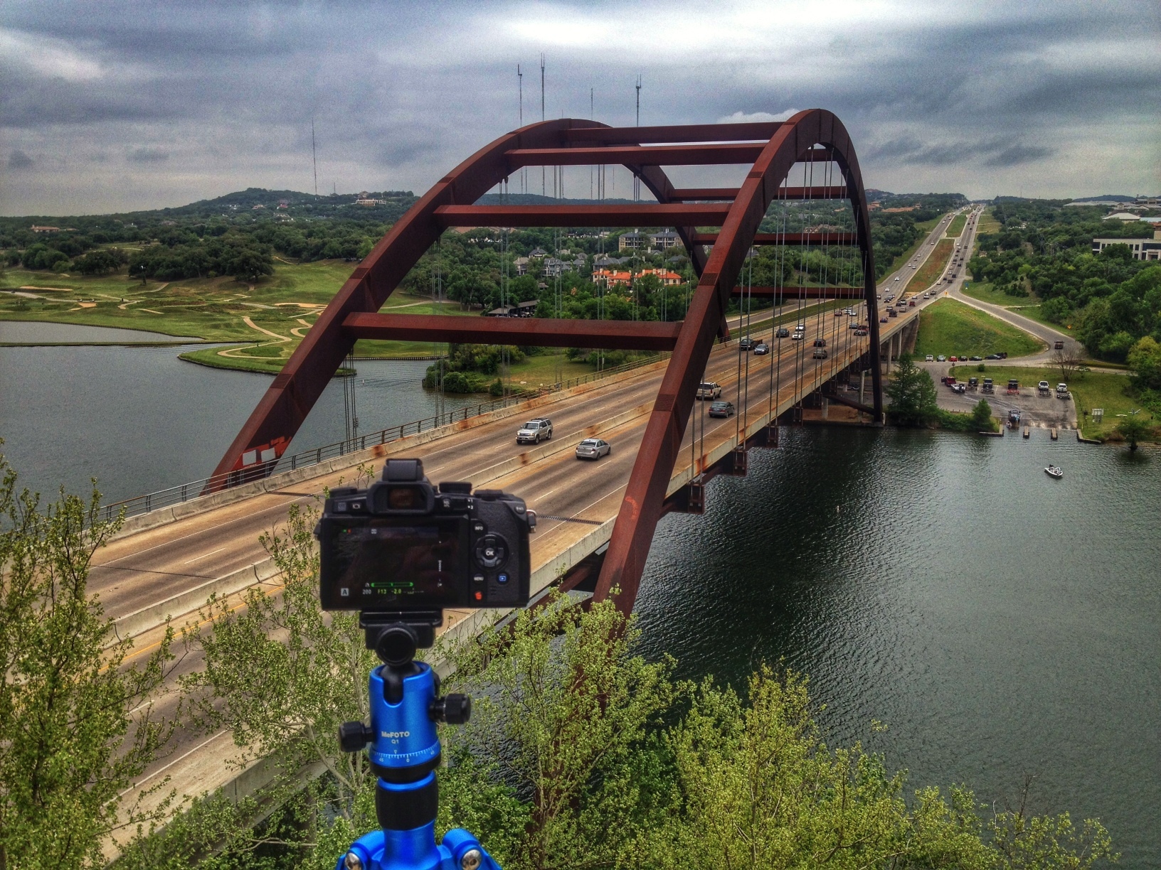 My lovely blue MeFOTO getting a workout in Austin, TX while supporting my Olympus mirrorless camera.