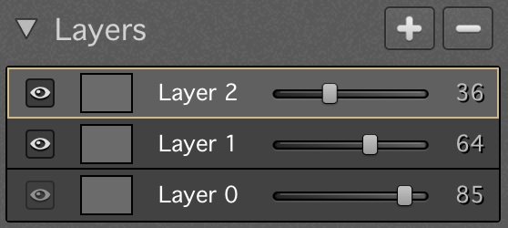 Here's a screenshot of the Layers section, with 2 new layers on top of the base layer, each with different opacity settings. You can really do a lot with this Layers functionality!