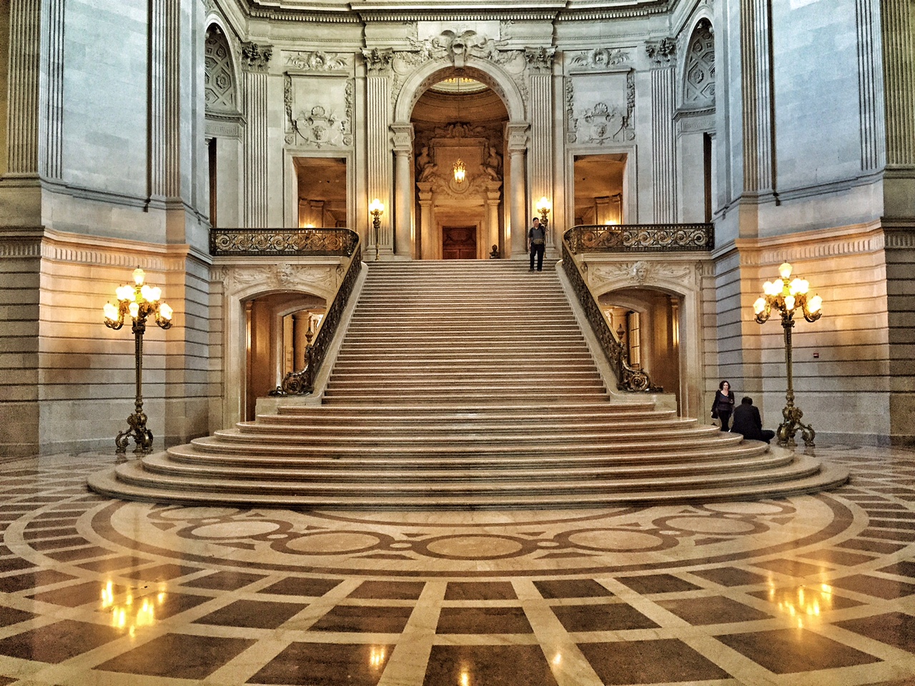 a shot of the city hall stairs from down below