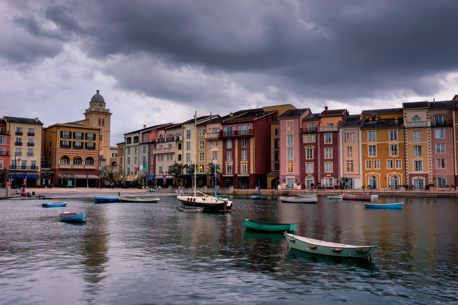 Cloudy, dramatic skies over Portofino Bay Resort in Orlando, FL