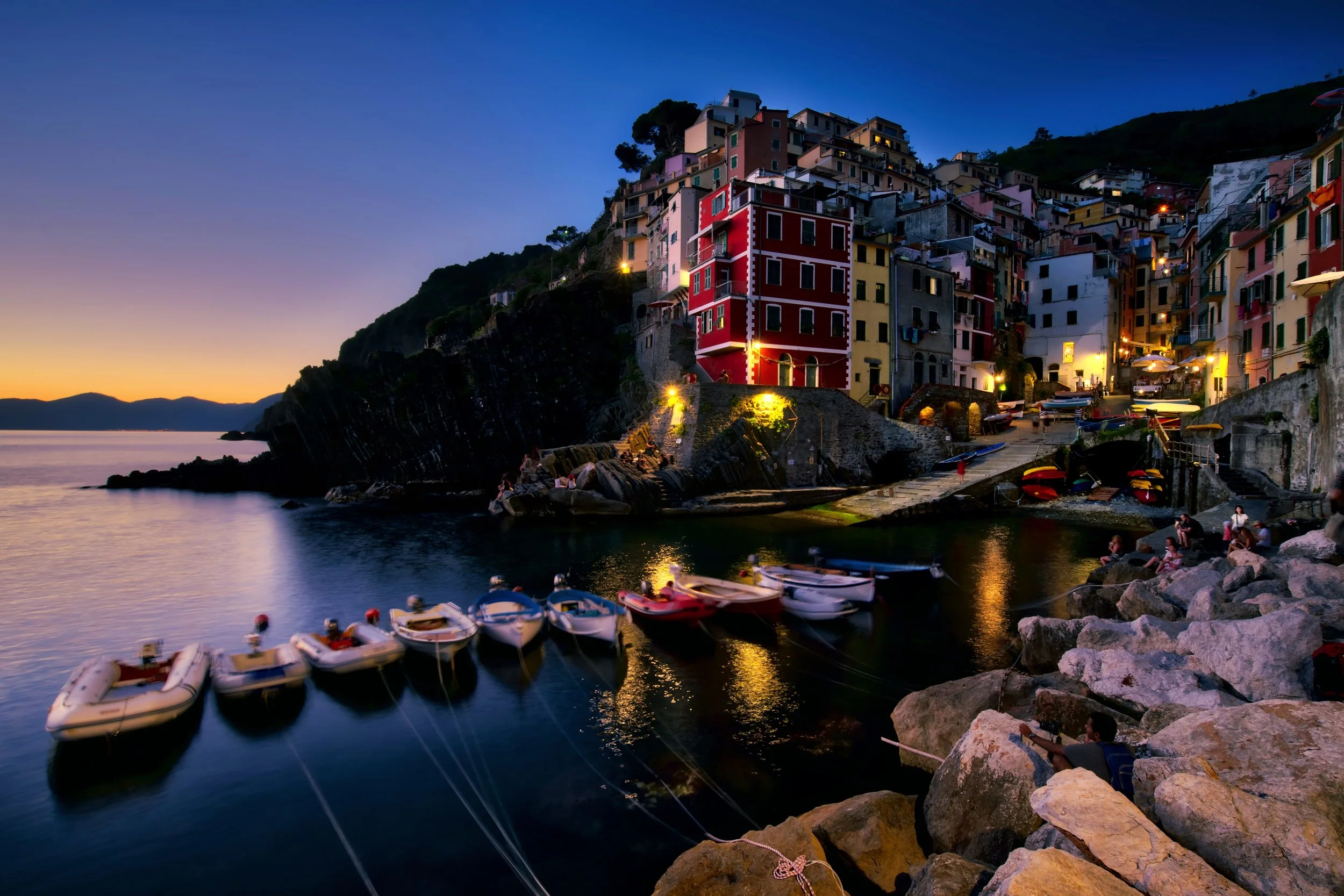 Blue hour falls on the coastal village of Riomaggiore