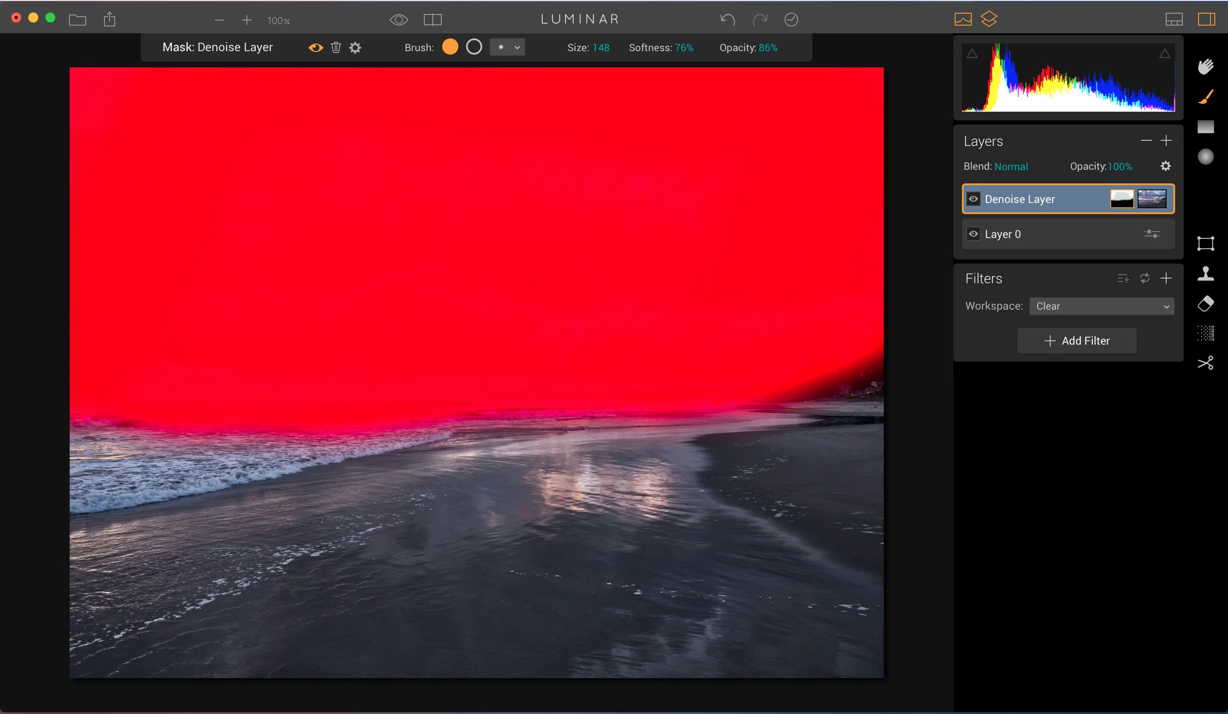 You can see here that I have painted the adjustment just into the sky to remove the details from that portion of the image.