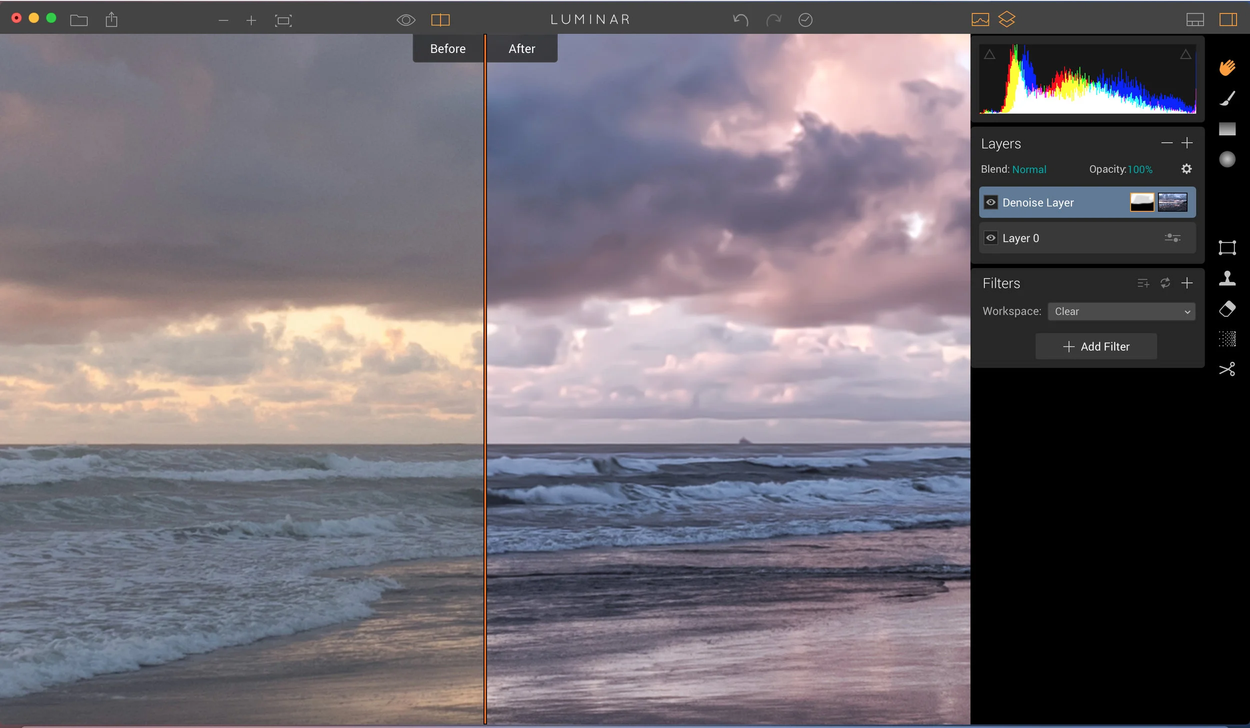 Here's a zoomed in look at the final image after applying noise reduction to the sky with a brush. That left me with Smooth skies and yet I maintained some of the detail in the water and on the beach. 