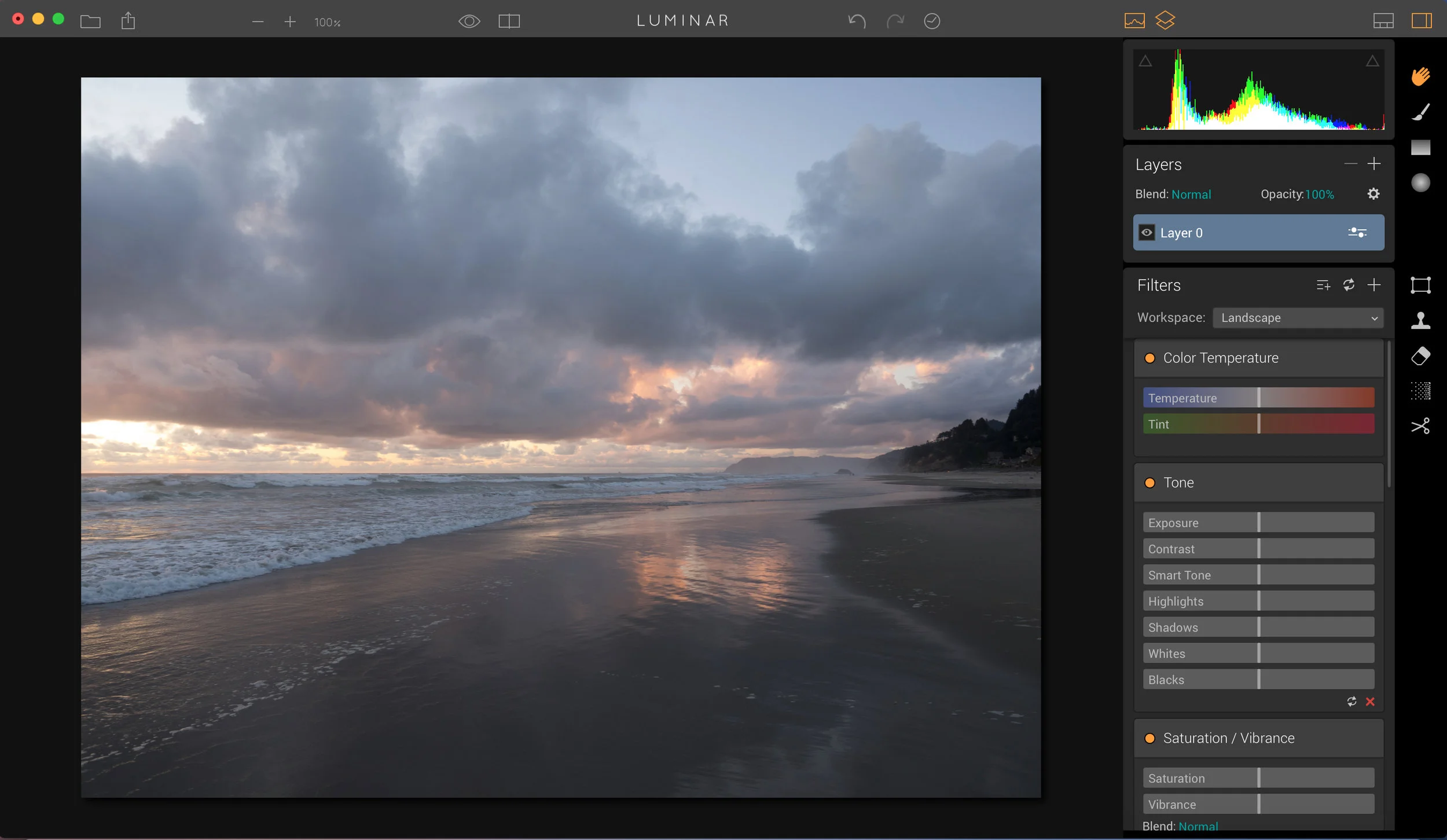Here i chose the Landscape workspace to begin editing in - see all the filters that are there?
