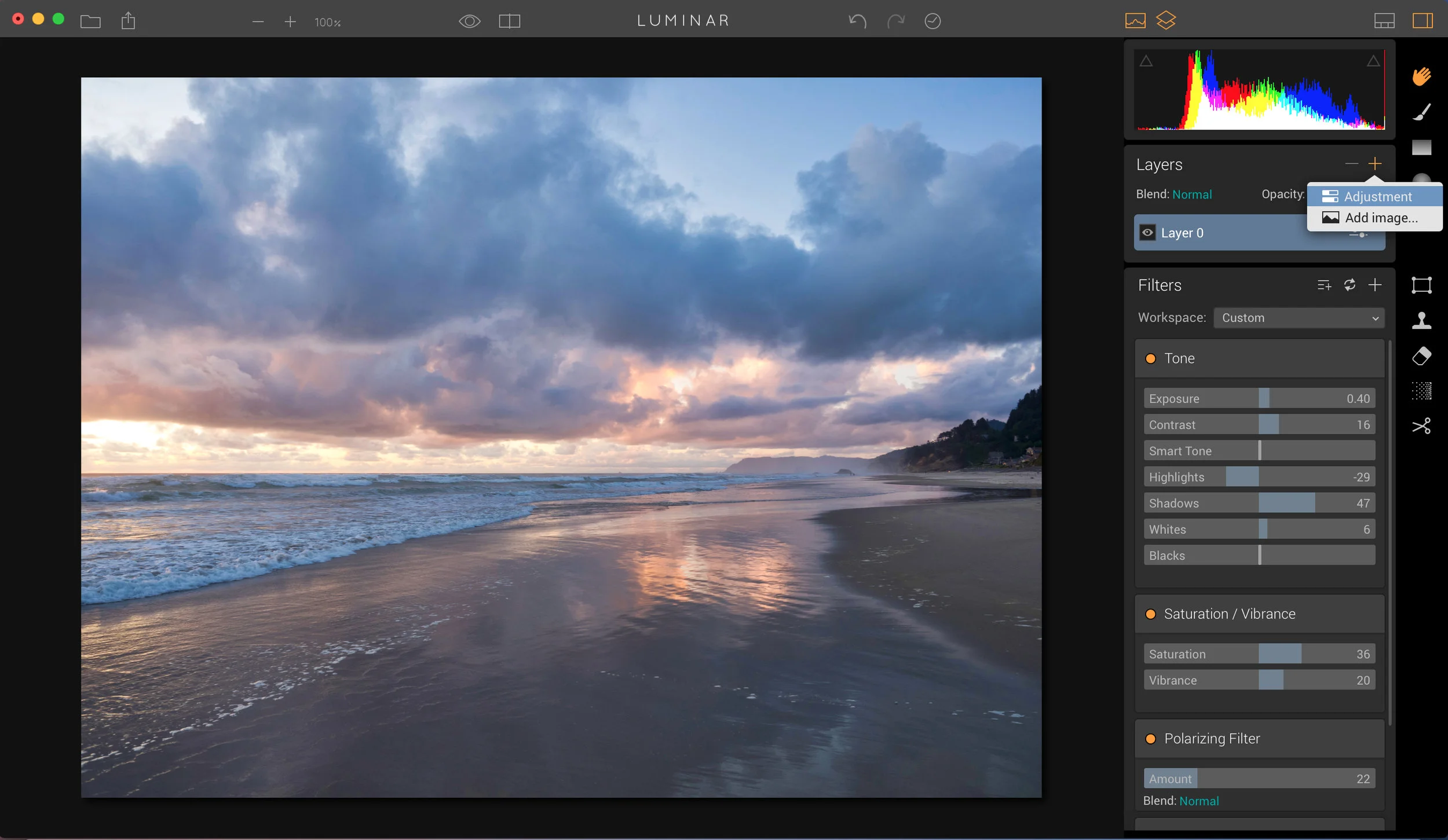 To add a new layer, just click on the + sign in the Layers section, and choose the type of layer: either Adjustment or Add Image layer. 