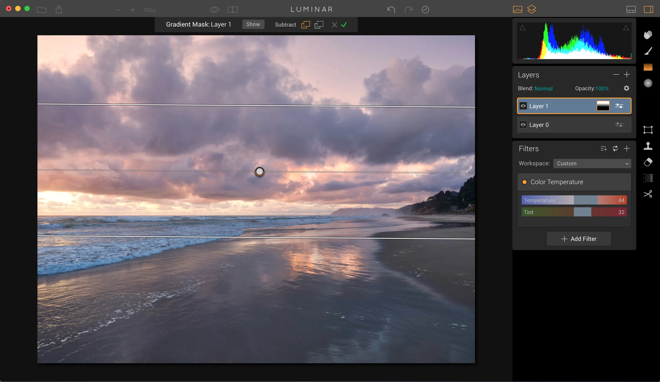 Here the gradient mask was applied, thus allowing the bottom of the frame from Layer 0 to show through.