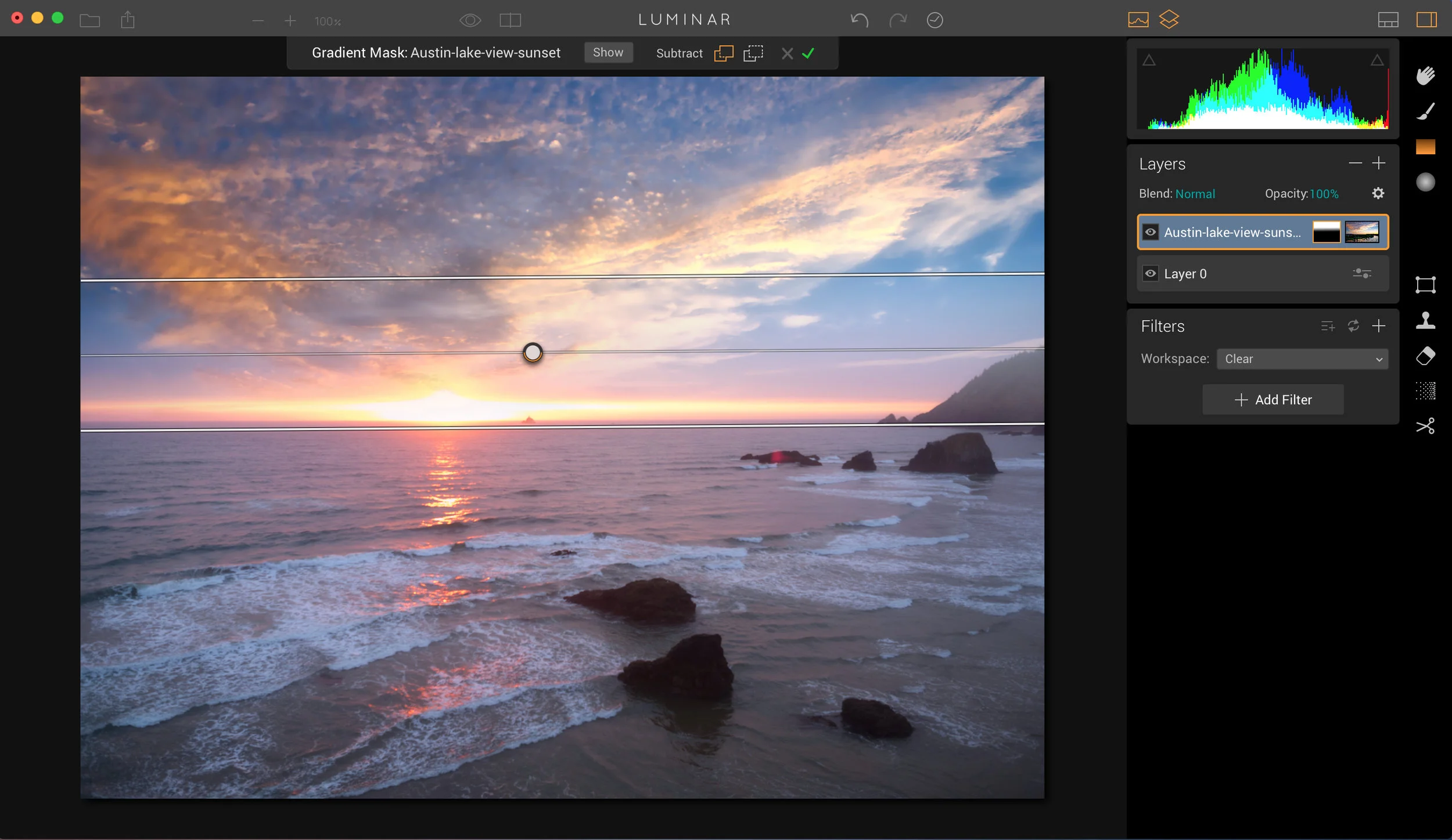 Click on the gradient mask and add it to your photo in the appropriate spot. You can adjust it up and down and tilt it, etc. Just get it looking the way you want it to look. Then click the green check mark to apply to this layer. Now the new sky is blended into the base layer. You can also use the transform tool next to move the sky up a little if you feel like that would help.