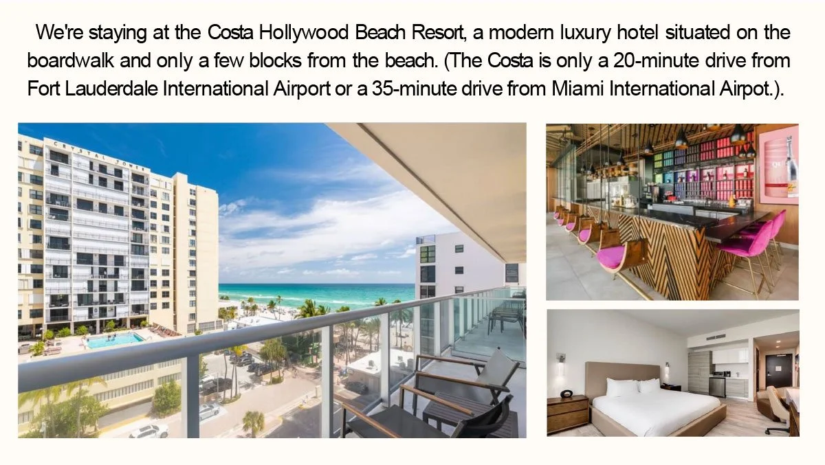 Text stating why you should book the Fort Lauderdale writing retreat with images off the balcony and the ocean, a tiki bar with hot pink swings, and a serene king bed with a white duvet.