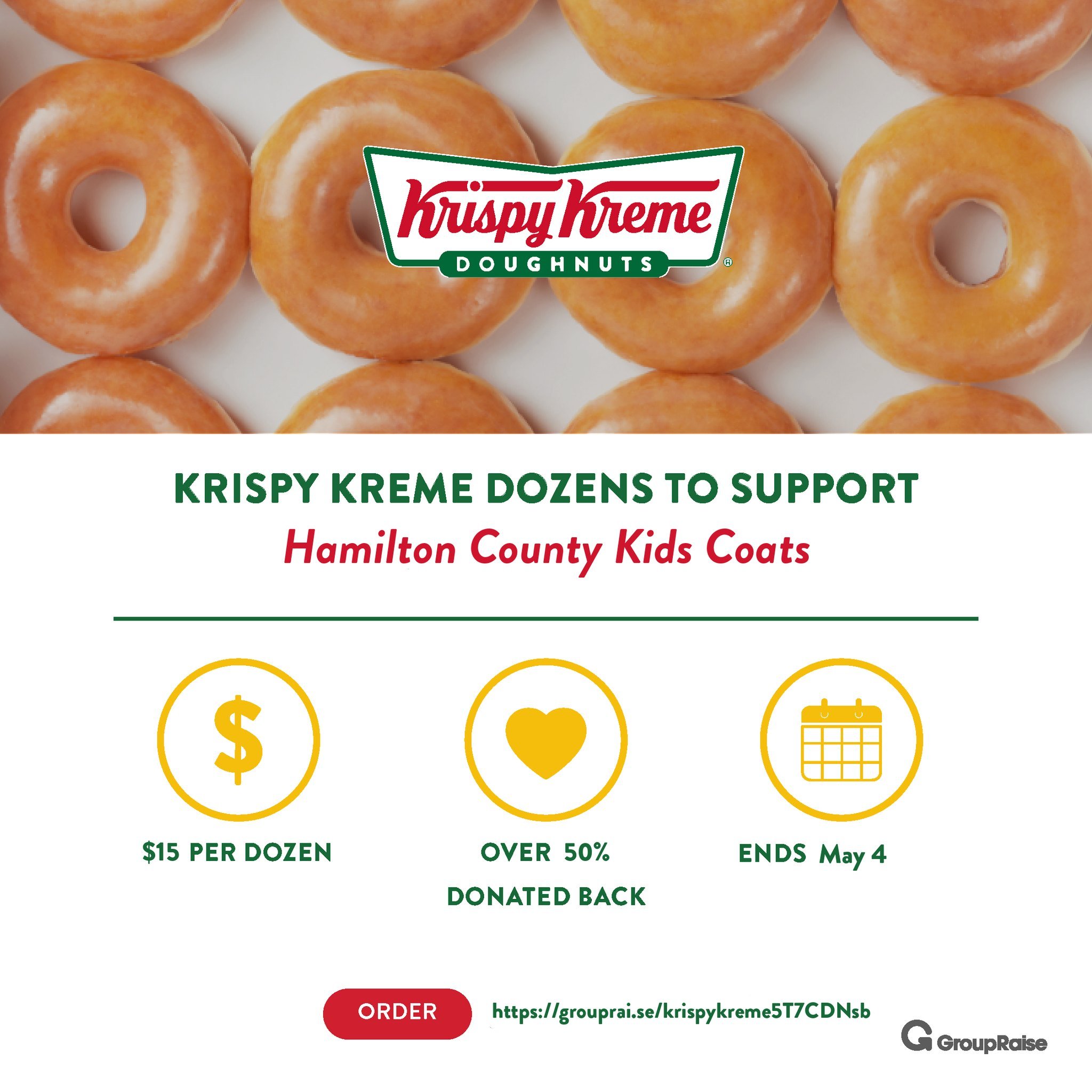 Doughnut lovers 🍩❤️, we have a treat for you&hellip; Charitable (so guilt-free), fresh to order (and perfectly glazed), dozens!! Hamilton County Kids Coats and GroupRaise x Krispy Kreme Digital Dozen have partnered for a fundraising campaign. From n