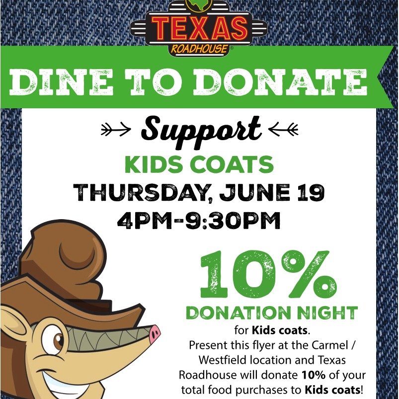 MARK YOUR CALENDAR for Thursday, June 19th and join us at @texasroadhouse Greyhound Pass!! 🤠 Open hours are 4-9:30pm. Make sure that you show the flyer either on your phone or a physical copy so that 10% of your receipt goes as a donation to Kids Co