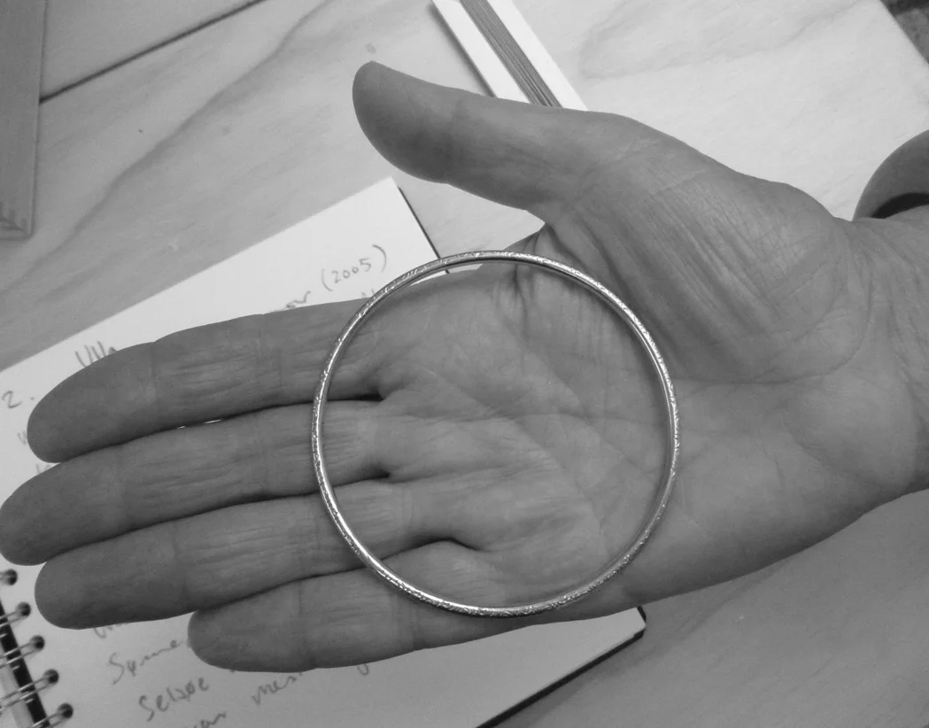  When Ulla was born in 1944, her mother got a bracelet from gold, that her grandfather had made in 1919. The bracelet was passed on and in 2005 Ulla got the bracelet from her mother.  Name: Ulla.  What: Bracelet from gold with a flower pattern in rel