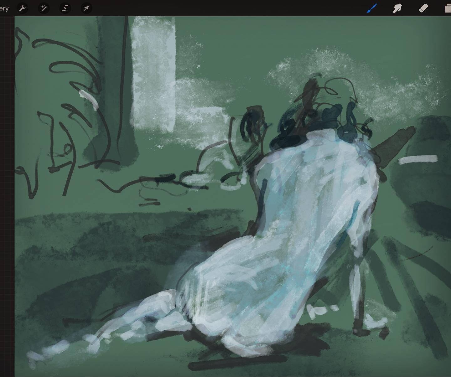 Drawn on #ipadpro using app #Procreate. Wonderful model Lael Marie! From a great zoom class yesterday with Jeremy Sutton - iPad Art School: Figure Drawing from the model  #paintboxtv #her.stillness.dances #jeremydsutton ...Reminds me of the famous pose #andrewwyeth #christinasworld #ipadart #sfartist