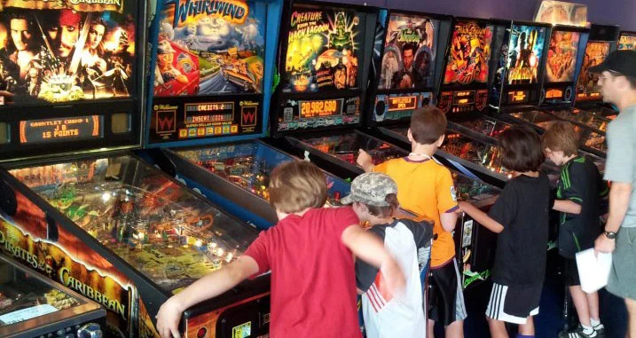 Pinball machines line the wall at this unique ice cream parlor