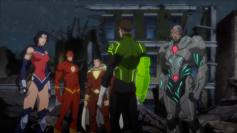 (L-R) Wonder Woman (WTF is up with her costume?!? cue nerd rage), The Flash, Shazam (WHY ISN'T AQUAMAN HERE! cue more nerd rage), Green Lantern, and Cyborg.