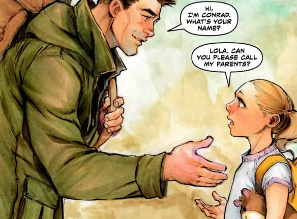 while everyone around her ignores the lost girl, Conrad kindly stops to help