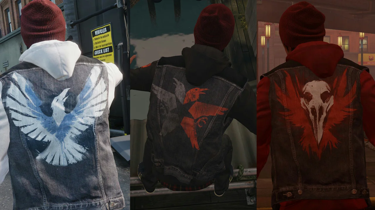 a handy image showing the design placement for true hero (left), neutral (middle) and infamous (right)