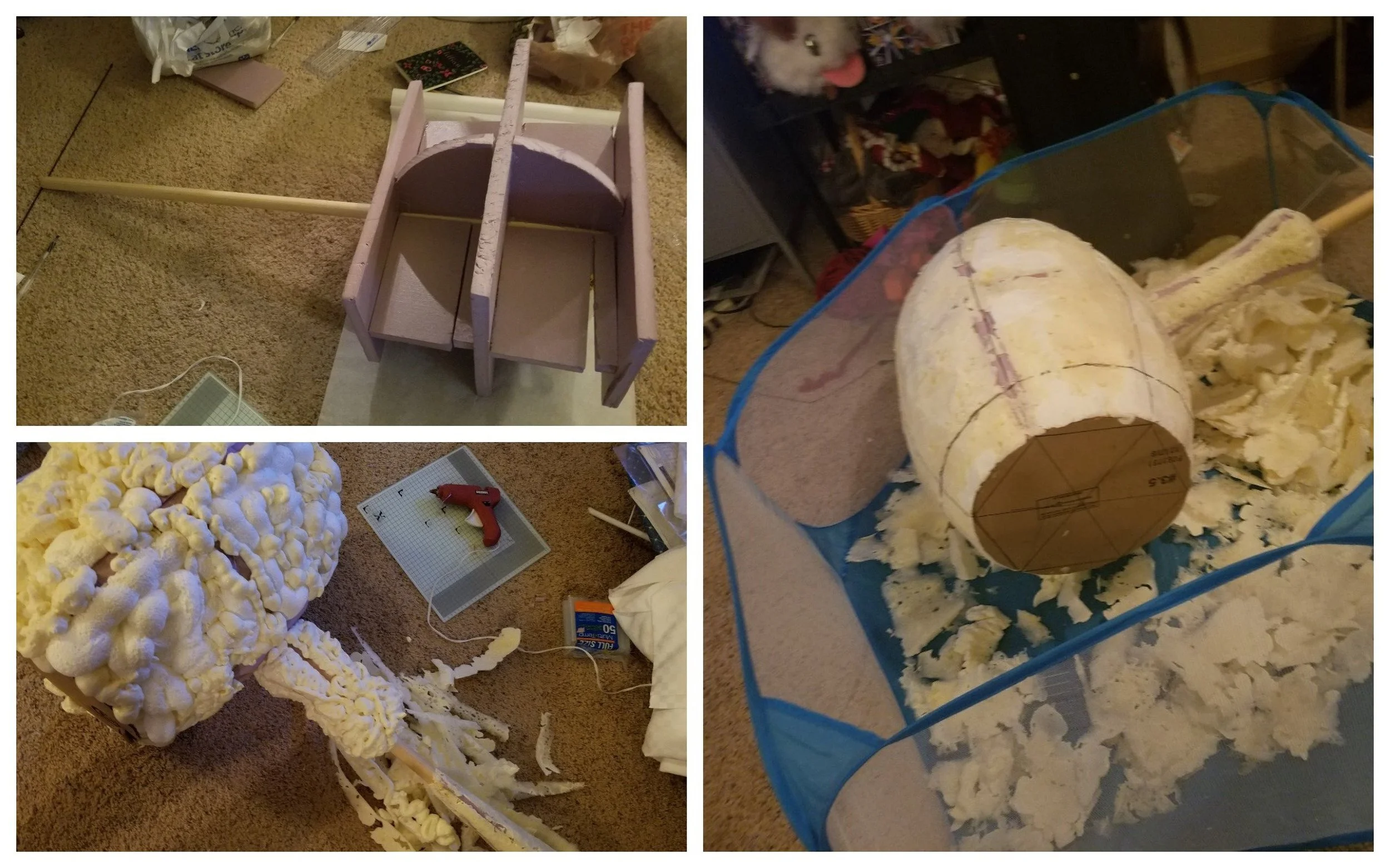 From top left and counter clockwise: create the foundation, fill with expandable foam, and then carve.