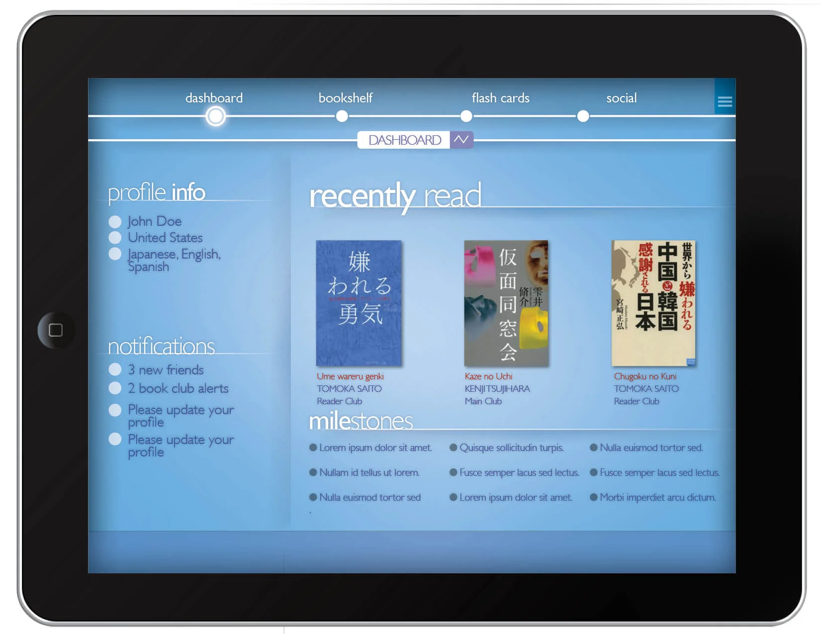 The central hub of the app is the dashboard, which gives access to metrics and info that allows users to track their progress( for the books they are currently reading )