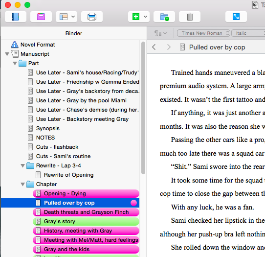 My WIP (work-in-progress) - in the "Binder" my chapters and items I will weave back into my story. On the right is a corner of the actual document.