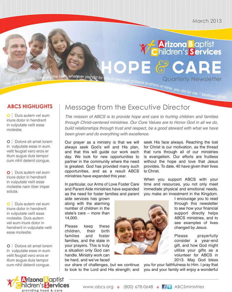 Arizona Baptist Children's Services worked with us to create a newsletter template, brochures, and various infographics.