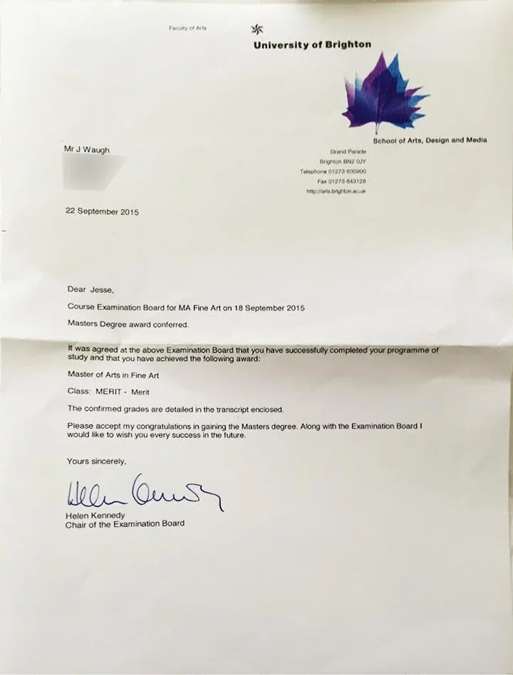 MA Fine Art Degree Conferred to Jesse Waugh