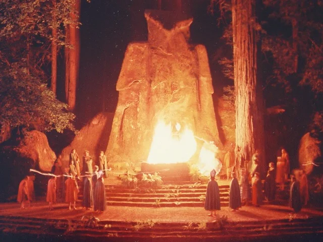 Bohemian Club members sacrificing to the Moloch Owl at Bohemian Grove