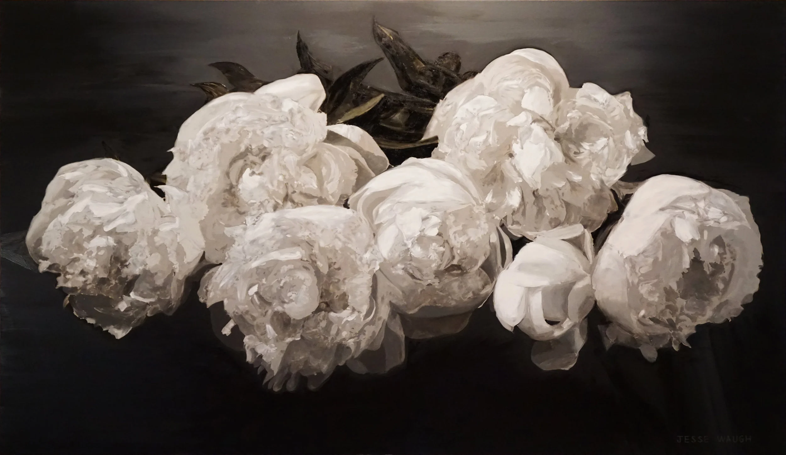 JESSE WAUGH PEONIES MAJESTIC 2016 OIL ON CANVAS 195 CM X 114 CM